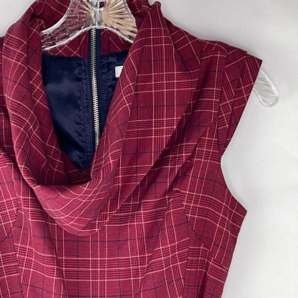 GO International Garnet Navy Cream Plaid Cowl Neck Exposed Zipper Belted Dress - Picture 2 of 9